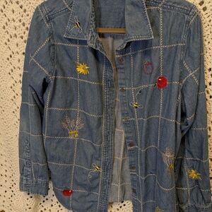 Blue and Red Embroidered Jean Jacket with Classic Collar